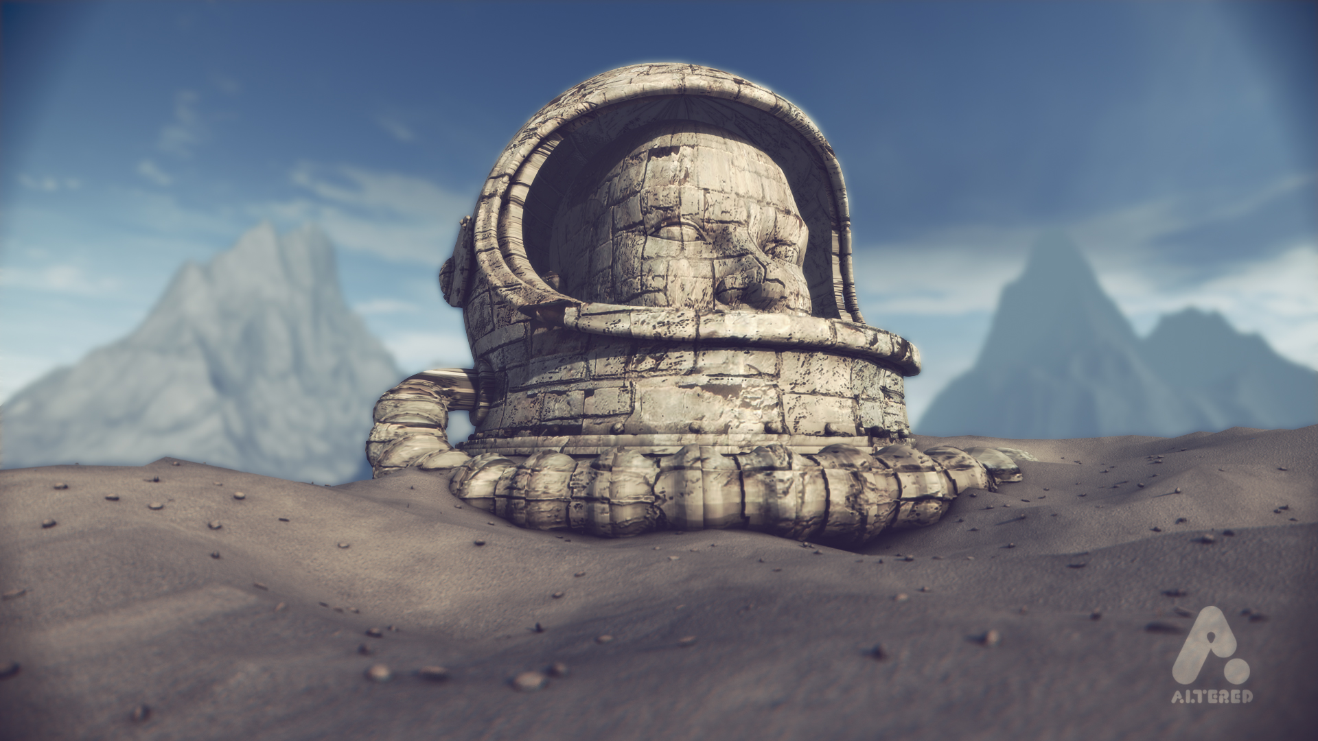 CG, 3D rendered image of Alien planet with stone head of a spaceman, Planet 42, Using Cinema 4D, After Effects and photoshop, by Lee Robinson, freelance motion graphics designer, altered.tv london, design animation