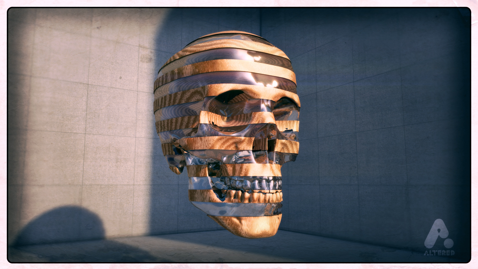 cinema 4d CG 3D rendered image of a glass an wood skull and concrete wall